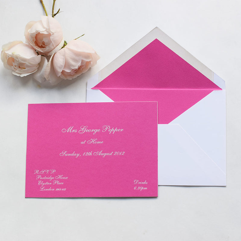 The Cliveden at home invitation cards, are engraved in white ink onto colorplan Fuchsia Pink with white edges