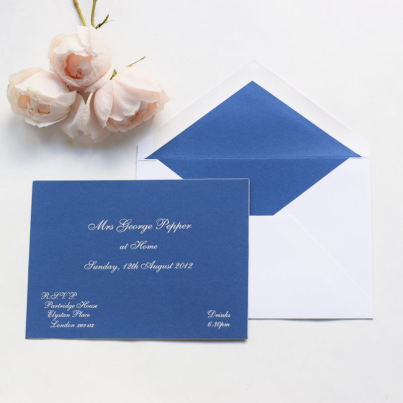 The Cliveden at home invitation cards, are engraved in white ink onto colorplan Sapphire blue with white edges