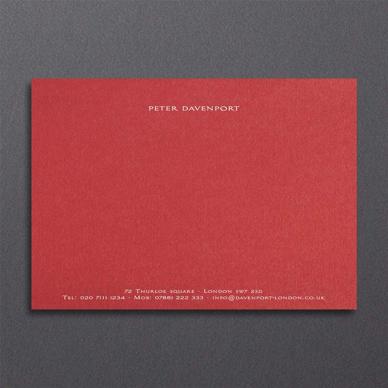 a simple and elegant format printed in white ink onto a bright red card means that these correspondence cards leave a lasting expression