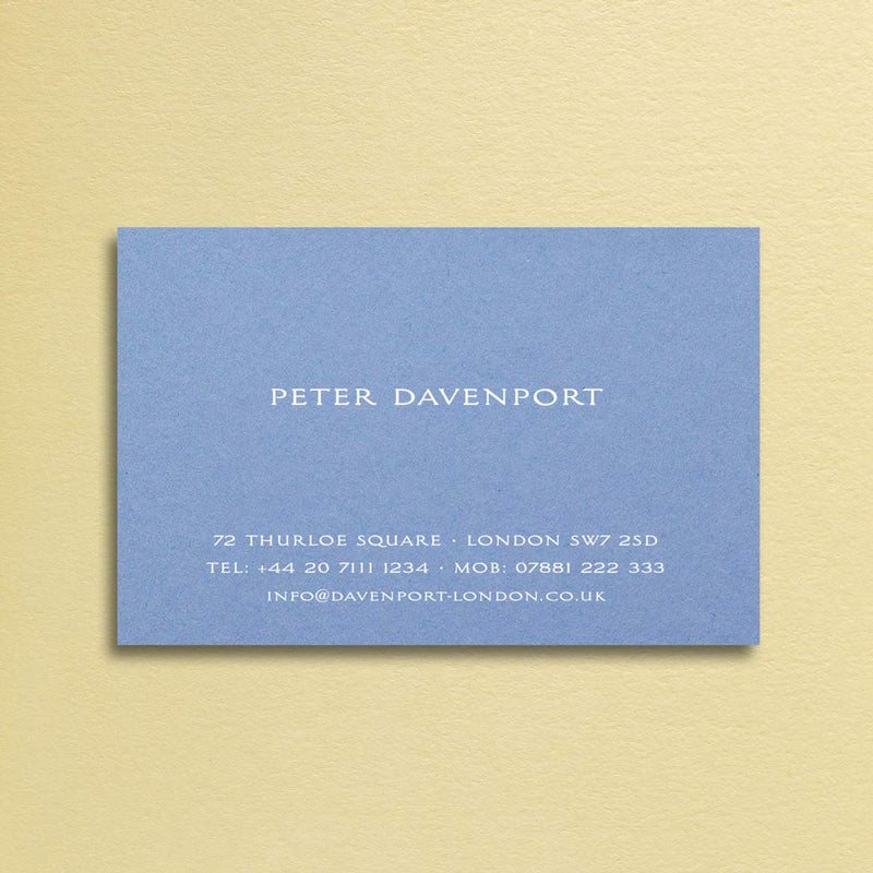 A classic layout on this new blue card with your name centres and address at foot in white ink
