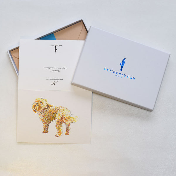the cockerpoo dog greeting cards shown here with the accreditation to designer susie macinnes on the back
