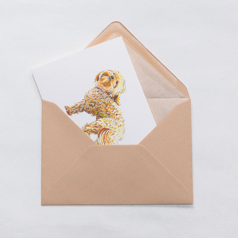 the cockerpoo dog greeting cards shown protruding out of the stone tissue lined envelope