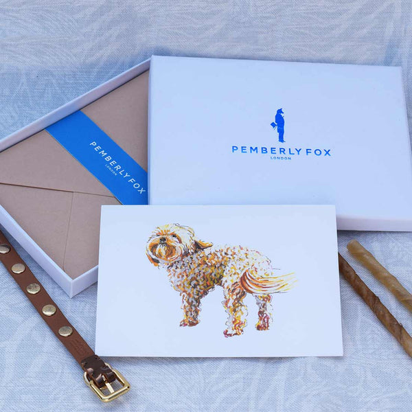 the cockerpoo dog greeting cards with stone envelopes with white tissue lined paper sold in pemberly fox boxes