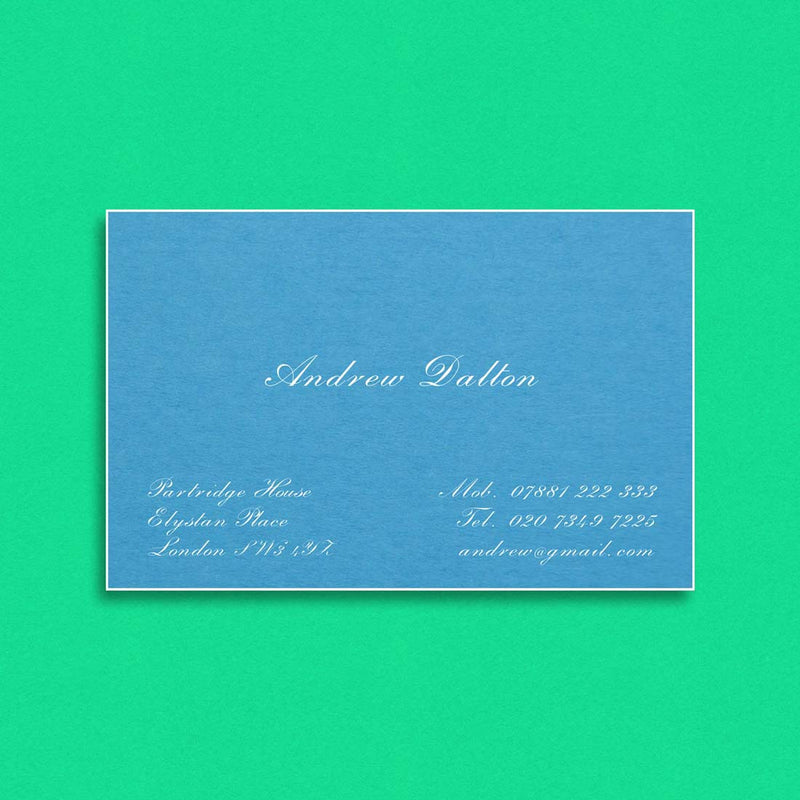 The Connaught visiting cards show engraver's script, die stamped in white, onto tabriz blue card and finished with white edges