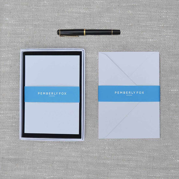 The cool grey A6 blank cards and envelopes, are a very light shade of grey and are supplied with their matching envelopes and branded Pemberly Fox box.