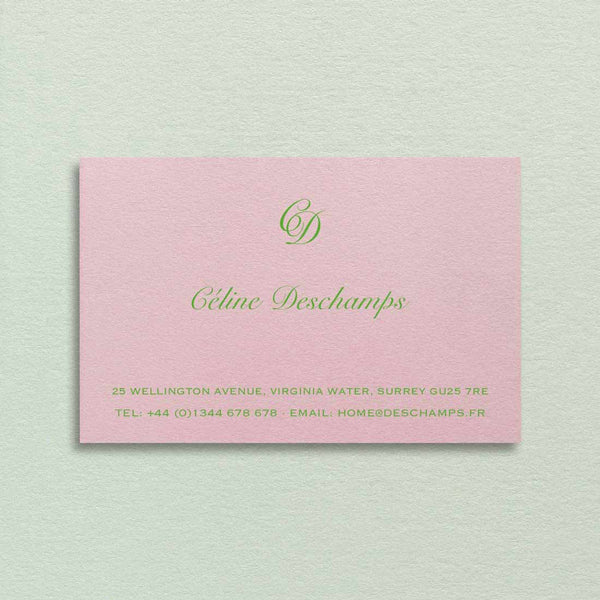 Softly pink textured card with striking and contrasting ink colours. The Cromwell visiting cards are stylish and subtle. 