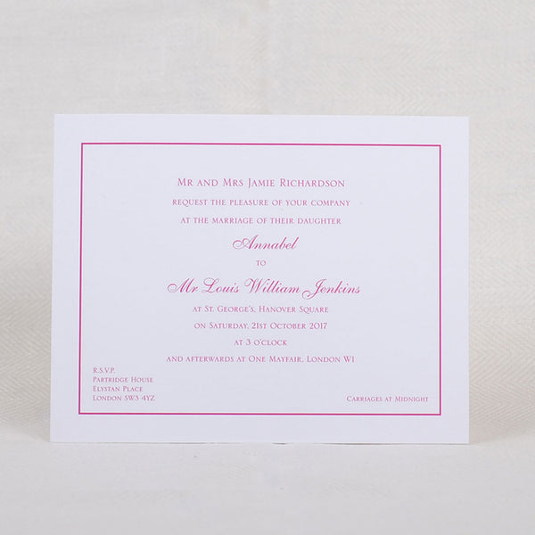 A face on view of the Curzon wedding invitation text and frame, printed in shocking pink onto white card