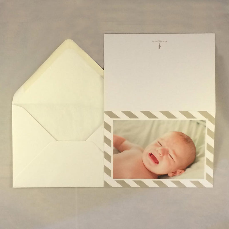 The Daniel luxury baby boy cards, showing neutral grey stripes borders which complement the tones of the picture