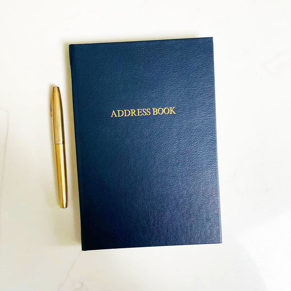 Pemberly Fox's blue leather bound address books can be personalised on the cover in gold
