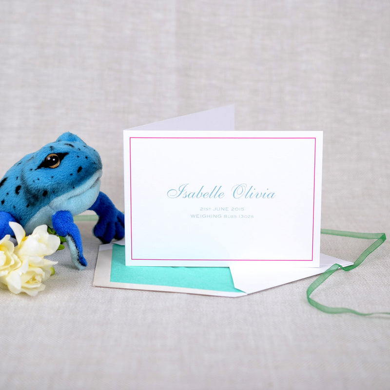 The Ellerby personalised new baby cards, showing a contrasting aqua font and shocking pink keyline border