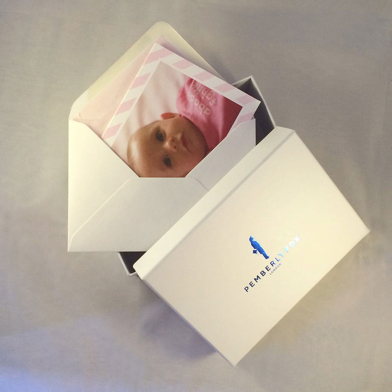 The Emily baby girl thank you cards with Pemberly Fox's branded boxes