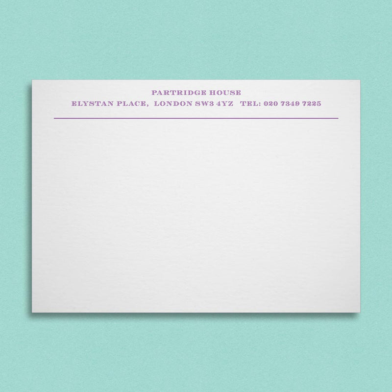 The Finsbury correspondence cards show your address engraved on one line with a partial separator line