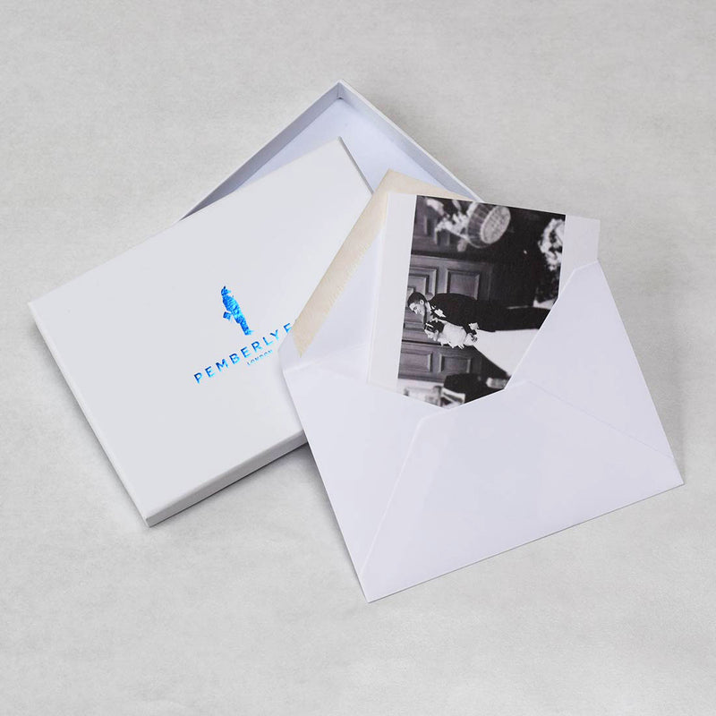 The Florence wedding photo thank you cards in their envelopes and with it's accompanying branded box 