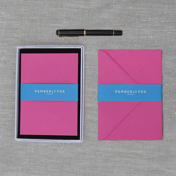 The fuchsia pink blank cards and envelopes, are shocking in their vibrancy and are supplied with their matching envelopes and branded Pemberly Fox box.
