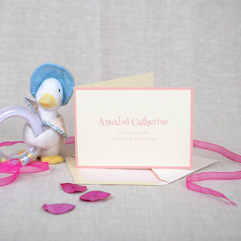 The Gibson personalised new baby cards, showing baby pink font with matching border