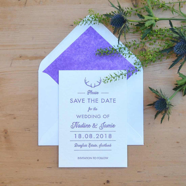 The Glenkeith save the date card showing an envelope with Lilac tissue lining 