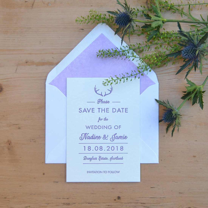 The Glenkeith save the date card showing an envelope with Pansy tissue lining 
