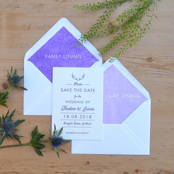 Glenkeith letterpressed wedding save the date cards with tissue lined envelopes