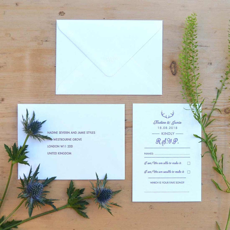 The Glenkeith wedding RSVP card is letterpress printed and shows an RSVP envelope with printed return address