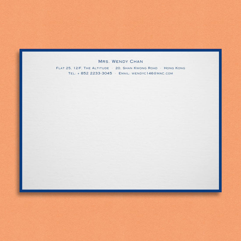 A classic bordered correspondence card, The Gloucester contains all your details centred on 3 lines