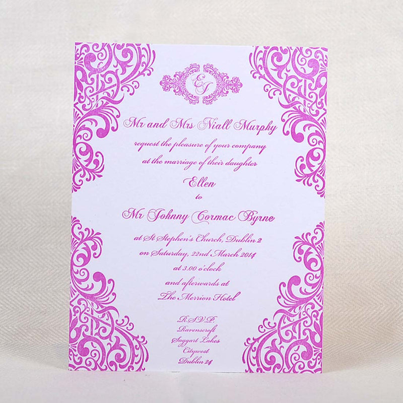 A face on image of the Grafton letterpressed wedding invitation cards, with plum coloured ink on white card