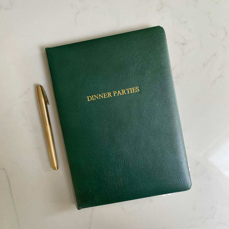 Pemberly Fox's Green Leather Dinner Party Books can be personalised on the cover in gold