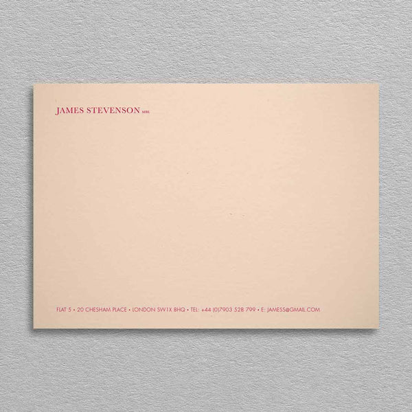 The Grosvenor correspondence card uses a light pink card and a pastel burgundy ink for your personalised details.