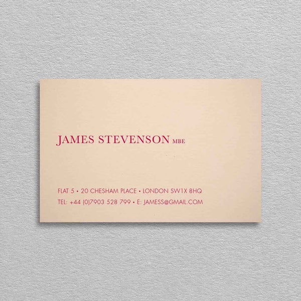The Grosvenor visiting card has left justified name and contact details printed in burgundy onto rose white card.
