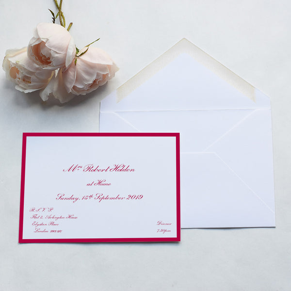The Hampton at home invitation cards, printed in red with matching borders using a script font