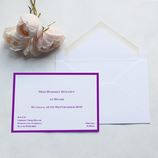 Traditional at home invitation cards, printed in purple with matching borders onto 400gsm white card using a shaded font