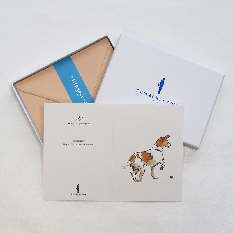 the jack russell dog greeting cards shown here with the accreditation to designer susie macinnes on the back
