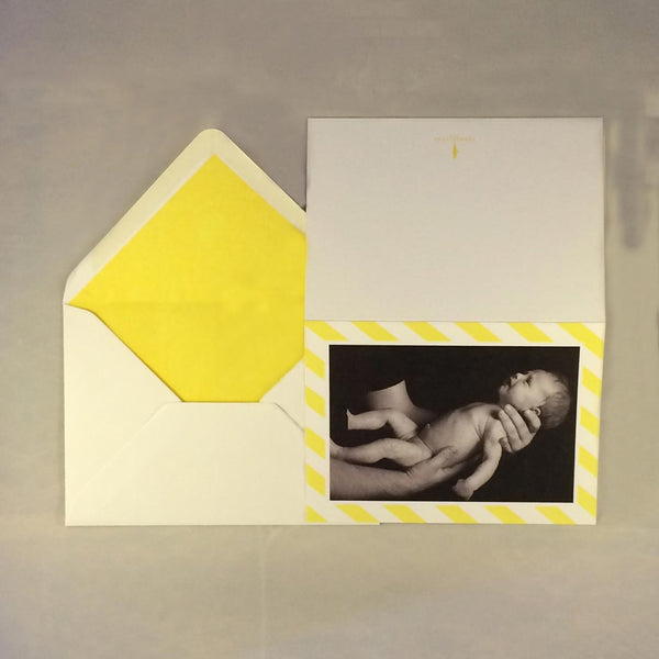 The Jacob luxury baby boy cards with yellow tissue paper lined envelope to complement the border colour