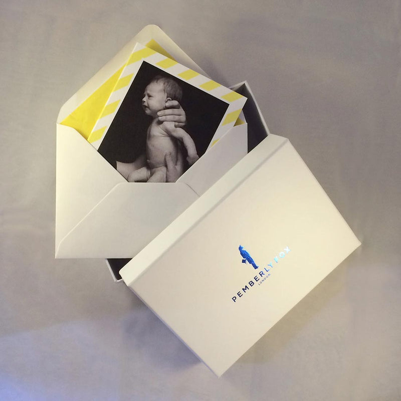 The Jacob personalised baby boy cards with Pemberly Fox's branded boxes