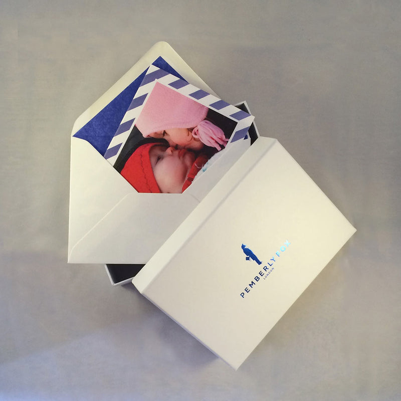 The James personalised baby boy cards with Pemberly Fox's branded boxes