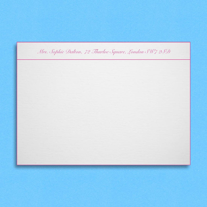 The Kensington correspondence cards show your address engraved on one line, with a separator line and matching coloured edges
