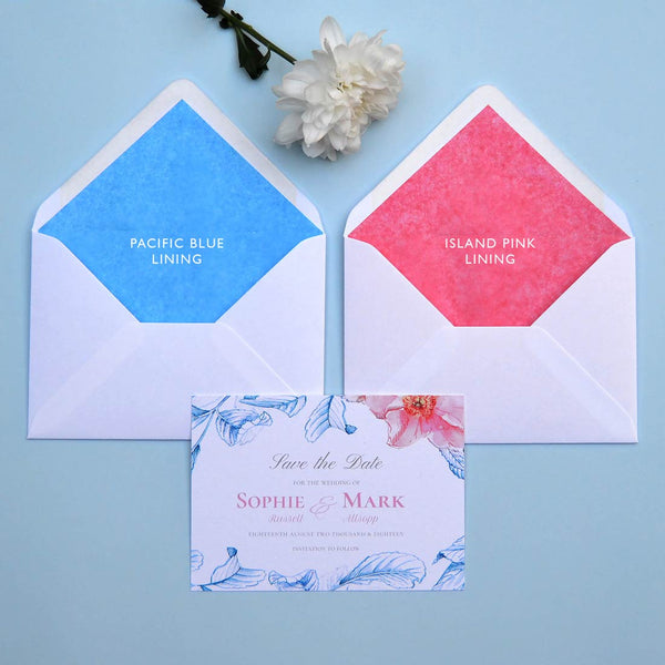 The Kew save the date card is designed with single rose and foliage with a choice of two tissue linings for the envelopes