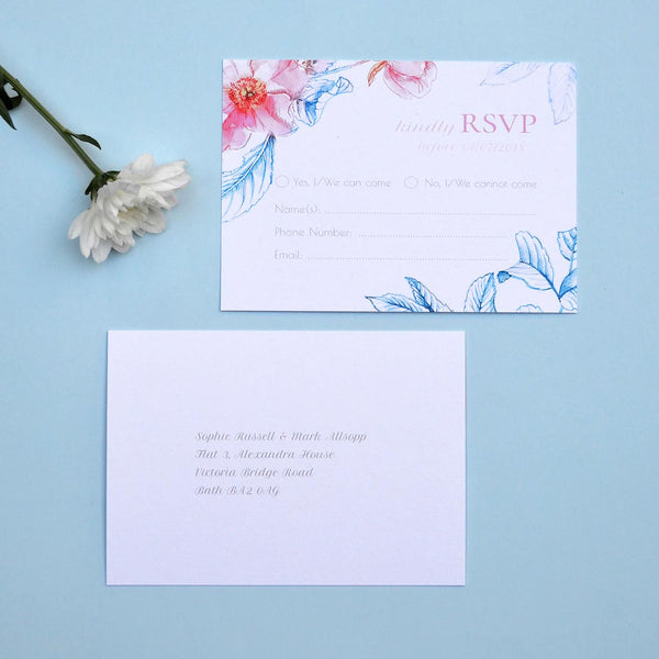 The Kew wedding RSVP card is printed both sides, with a rose and foliage frame and text and then your RSVP address on the back
