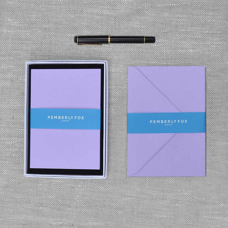 The lavender blank cards and envelopes, supplied with their matching envelopes and branded Pemberly Fox box.