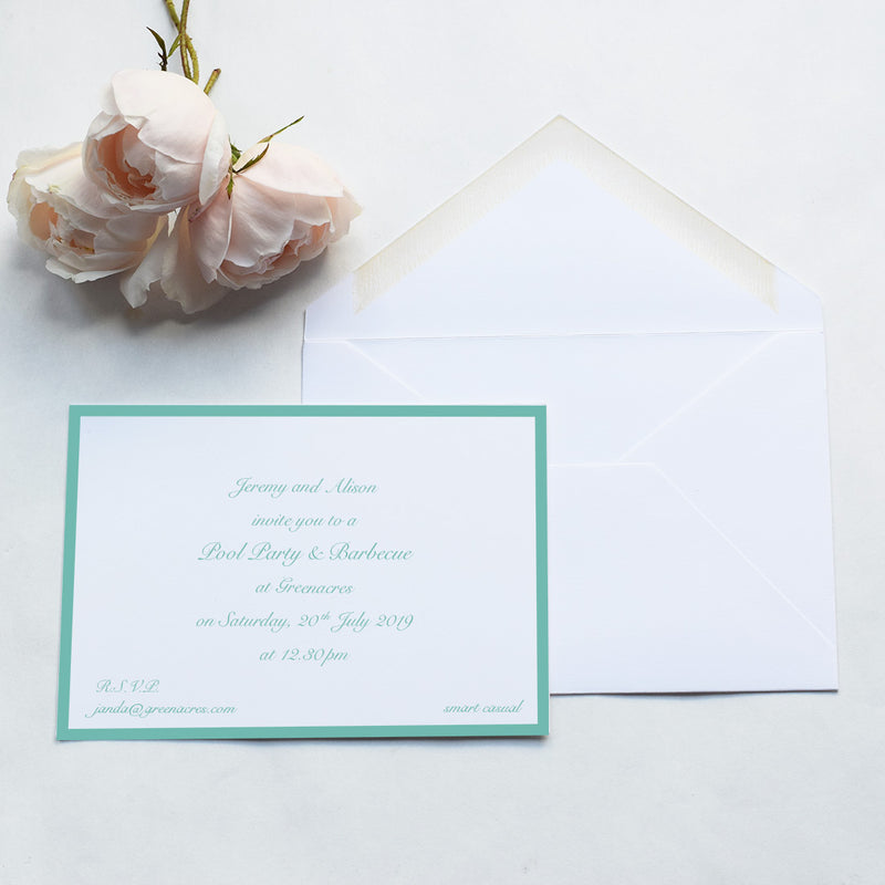 The Longbourn invitation card is flatprinted, including the border, in bright colours onto a white card