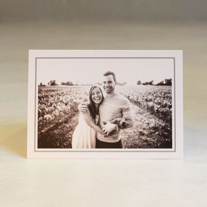 The Ludlow wedding photo thank you cards are landscape with an image framed by a keyline border