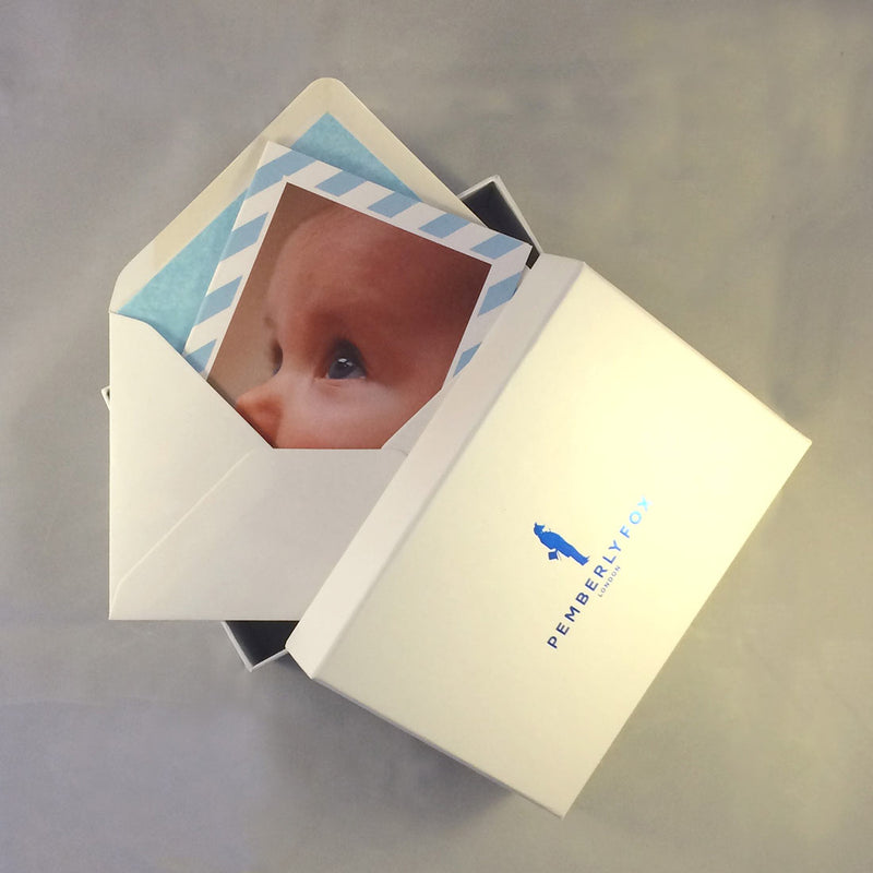 The Luke personalised baby boy cards with Pemberly Fox's branded boxes