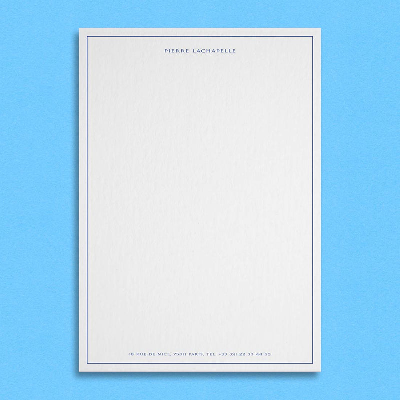 The Macbeth Writing paper shows your name and contact details top and bottom with matching coloured keyline border