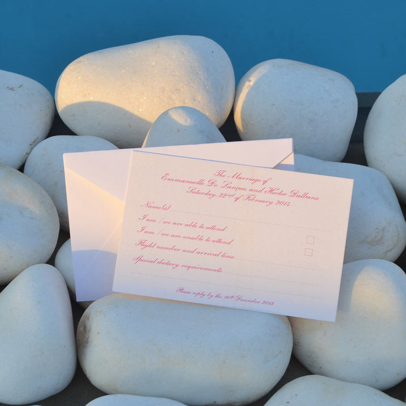 The Banyan wedding RSVP card envelope printed in matching fuchsia pink onto white card and paper