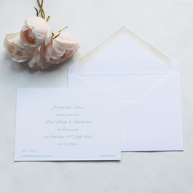 The Manderley formal invitation is shown here in Aqua onto thick white card