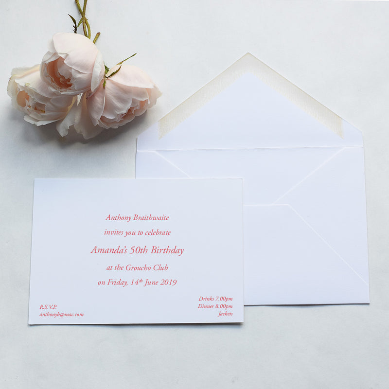 The Manderley invitation card is shows the most classic style of formal invitations, printed here in dark red