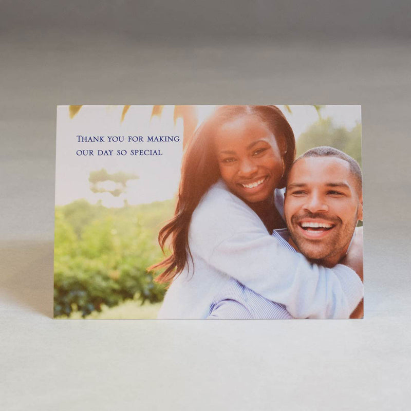 The Marbella wedding photo thank you cards are landscape with a colour image and text
