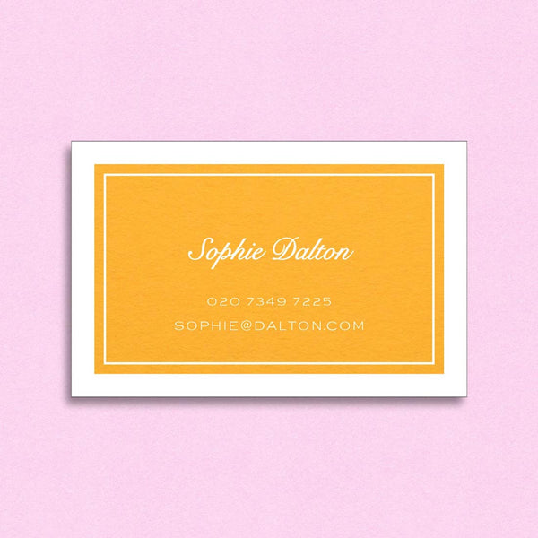 The Markham visiting card shows your details and a keyline border reversed out of a solid print colour  and white borders
