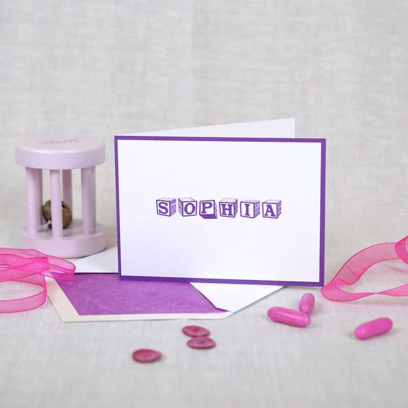 The Marston personalised new baby cards, showing purple baby block font with matching border