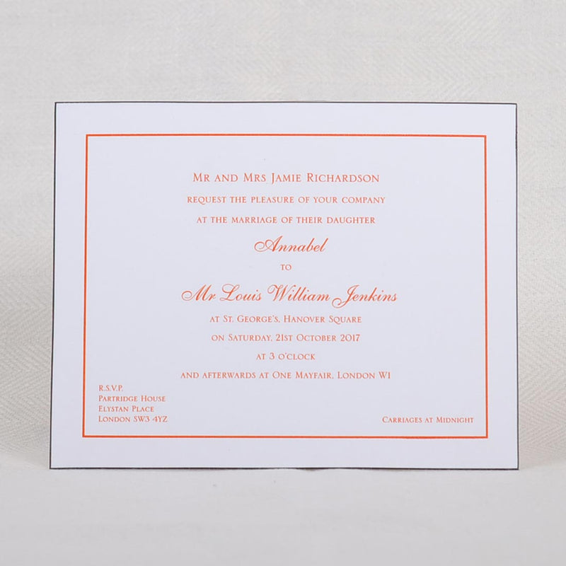 The Mayfair wedding invitation showing the black edges of the card