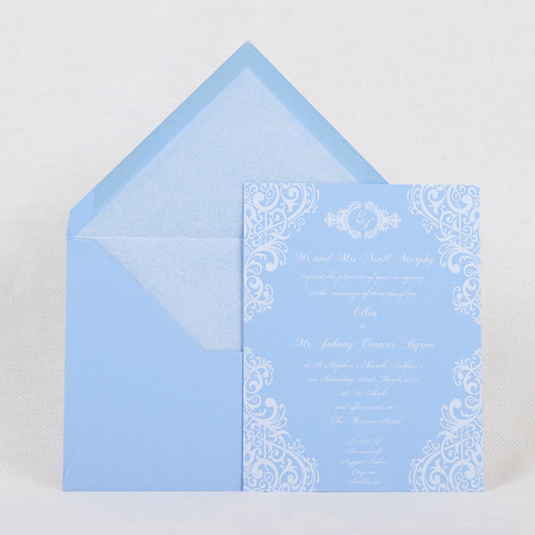 The merrion foiled wedding invitations shown here on azure card with matching white tissue paper lined envelopes